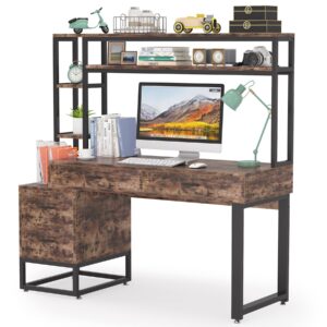 tribesigns 55 inch computer office desk with 4 drawers and storage shelf, industrial study writing table workstation with hutch and bookshelf for home office (brown)