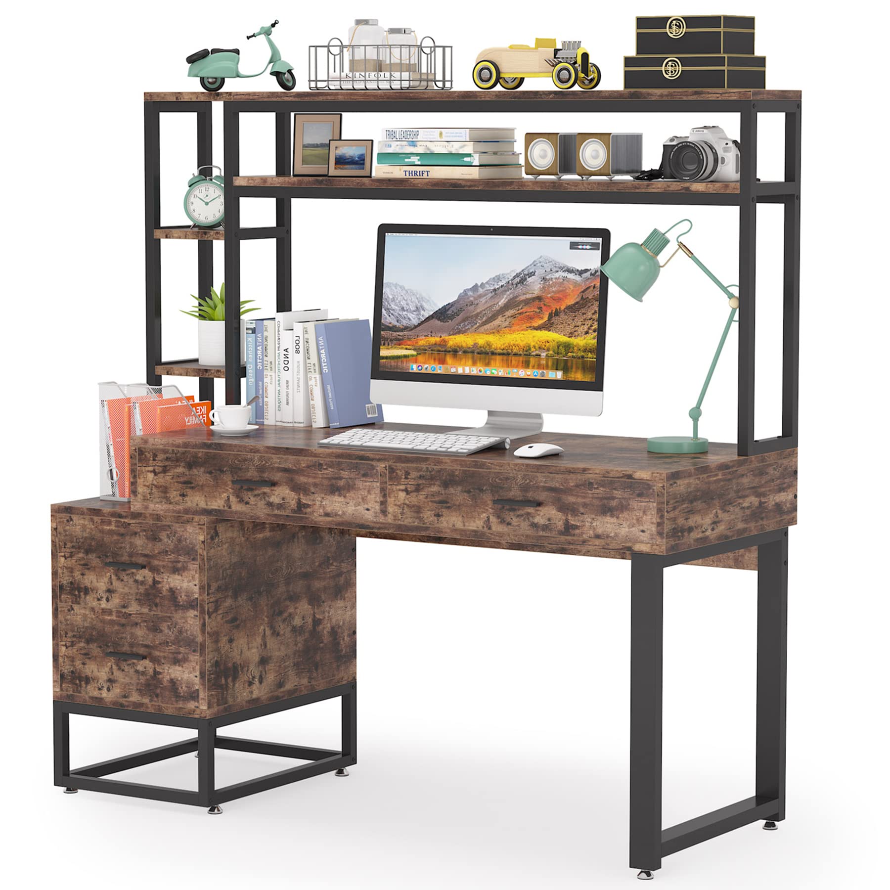 Tribesigns 55 Inch Computer Office Desk with 4 Drawers and Storage Shelf, Industrial Study Writing Table Workstation with Hutch and Bookshelf for Home Office (Brown)