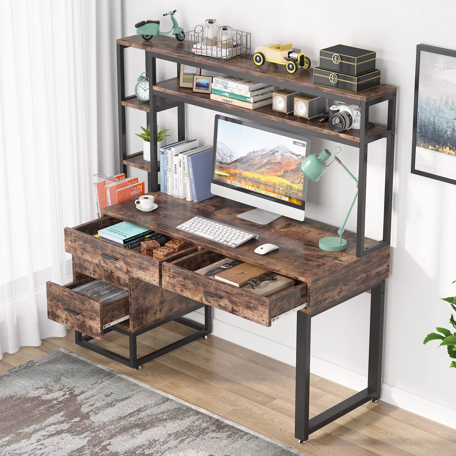 Tribesigns 55 Inch Computer Office Desk with 4 Drawers and Storage Shelf, Industrial Study Writing Table Workstation with Hutch and Bookshelf for Home Office (Brown)