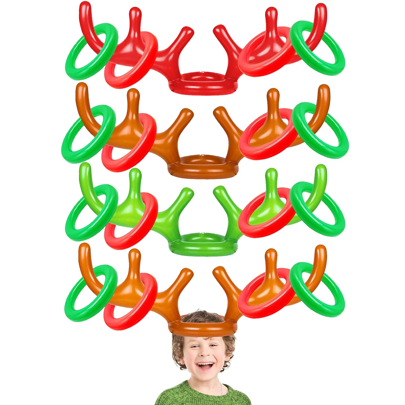 TOPLEE 20 Pieces Inflatable Reindeer Antlers Toss Game, Christmas Party Antler Hat Games for Kids Adults Family Indoor Outdoor Carnival Xmas Games(4 Antlers 16 Rings)