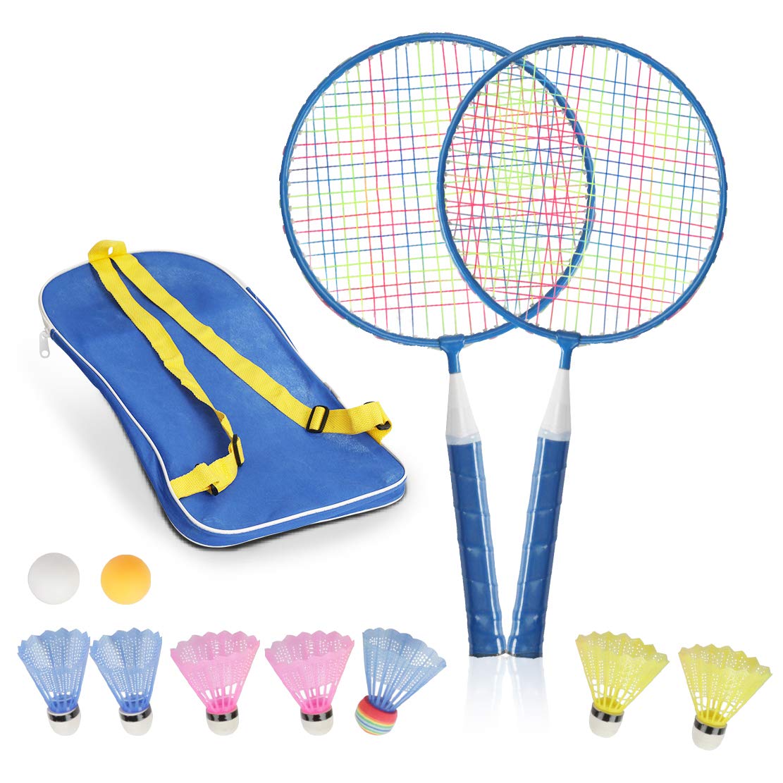 Badminton Rackets for Children,12 in 1 Shuttlecocks Racquet Sports Set w/Lightweight Carrying Bag for Kids Professionals Beginner Players Indoor Outdoor Sport Game (BLUE-01)