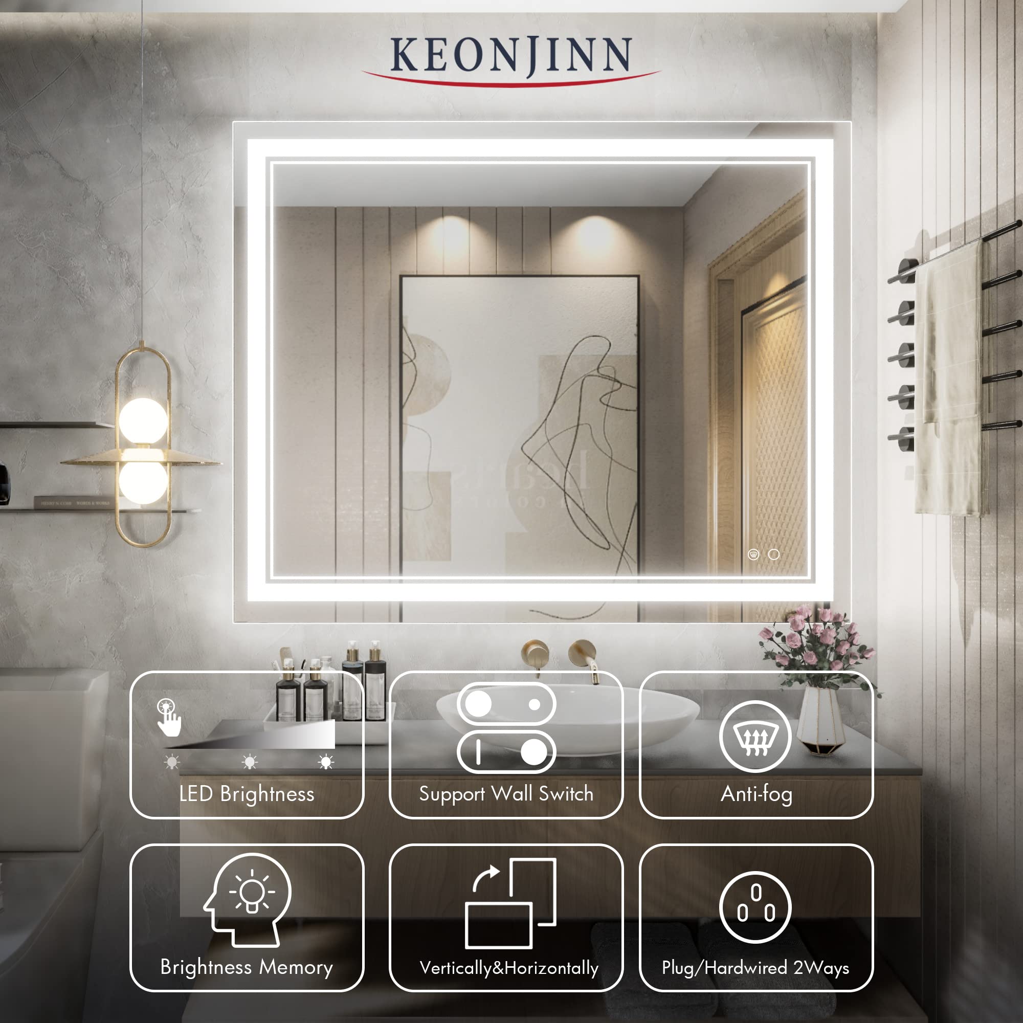 Keonjinn 40 x 32 Inch LED Mirror, Bathroom Mirror with Lights, Adjustable 3000K/4500K/6000K Lights, LED Vanity Mirror, Wall Mounted Anti-Fog Dimmer Front Lighted Makeup Mirrors(Horizontal/Vertical)