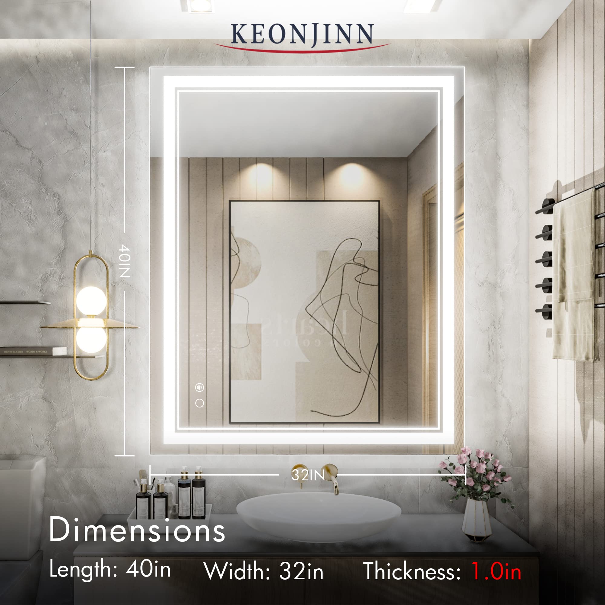 Keonjinn 40 x 32 Inch LED Mirror, Bathroom Mirror with Lights, Adjustable 3000K/4500K/6000K Lights, LED Vanity Mirror, Wall Mounted Anti-Fog Dimmer Front Lighted Makeup Mirrors(Horizontal/Vertical)