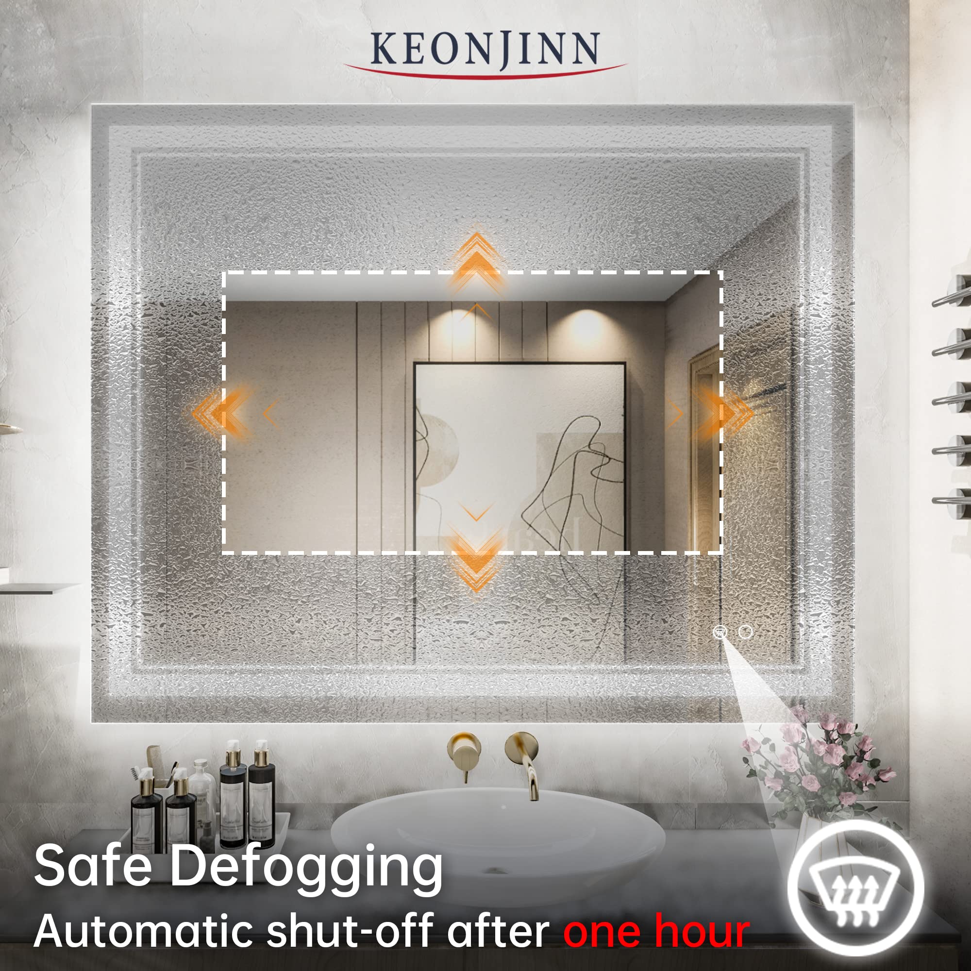 Keonjinn 40 x 32 Inch LED Mirror, Bathroom Mirror with Lights, Adjustable 3000K/4500K/6000K Lights, LED Vanity Mirror, Wall Mounted Anti-Fog Dimmer Front Lighted Makeup Mirrors(Horizontal/Vertical)