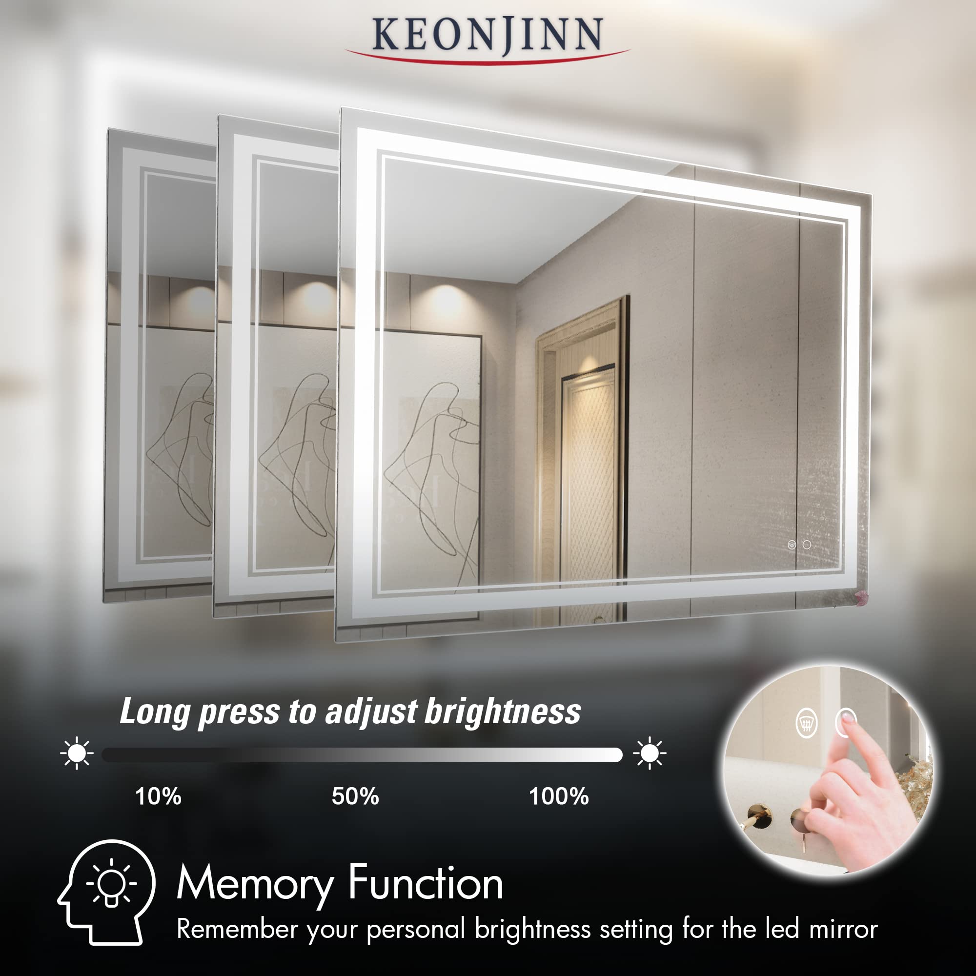 Keonjinn 40 x 32 Inch LED Mirror, Bathroom Mirror with Lights, Adjustable 3000K/4500K/6000K Lights, LED Vanity Mirror, Wall Mounted Anti-Fog Dimmer Front Lighted Makeup Mirrors(Horizontal/Vertical)