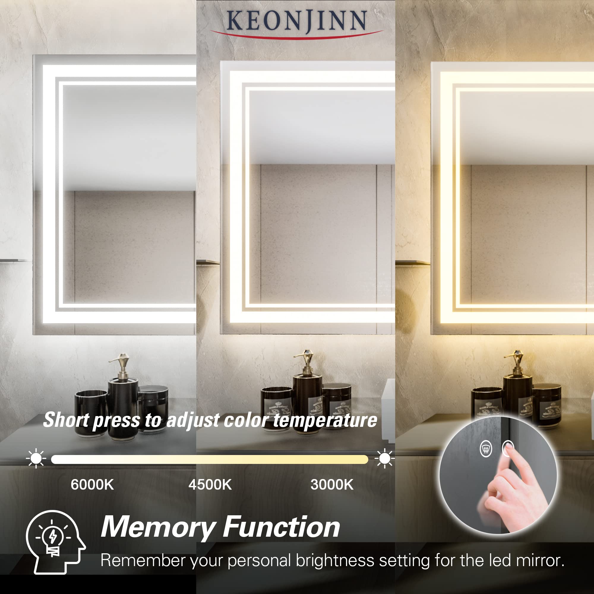 Keonjinn 40 x 32 Inch LED Mirror, Bathroom Mirror with Lights, Adjustable 3000K/4500K/6000K Lights, LED Vanity Mirror, Wall Mounted Anti-Fog Dimmer Front Lighted Makeup Mirrors(Horizontal/Vertical)