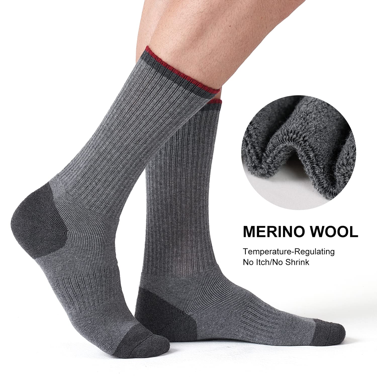 CS CELERSPORT 3 Pack Men's Merino Wool Hiking Socks Crew Socks with Full Cushion Warm Winter Socks Thermal Boot Socks, Black, Shoe Size 12-14