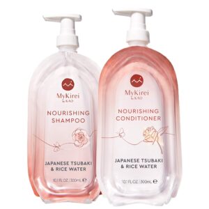 mykirei shampoo & conditioner set by kao, japanese tsubaki & rice water for hair, sustainable bottles, 10.1 ounces each
