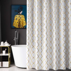 finecity white shower curtain gold moroccan pattern with 12 hooks included, 72 x 72 inch, 1 panel