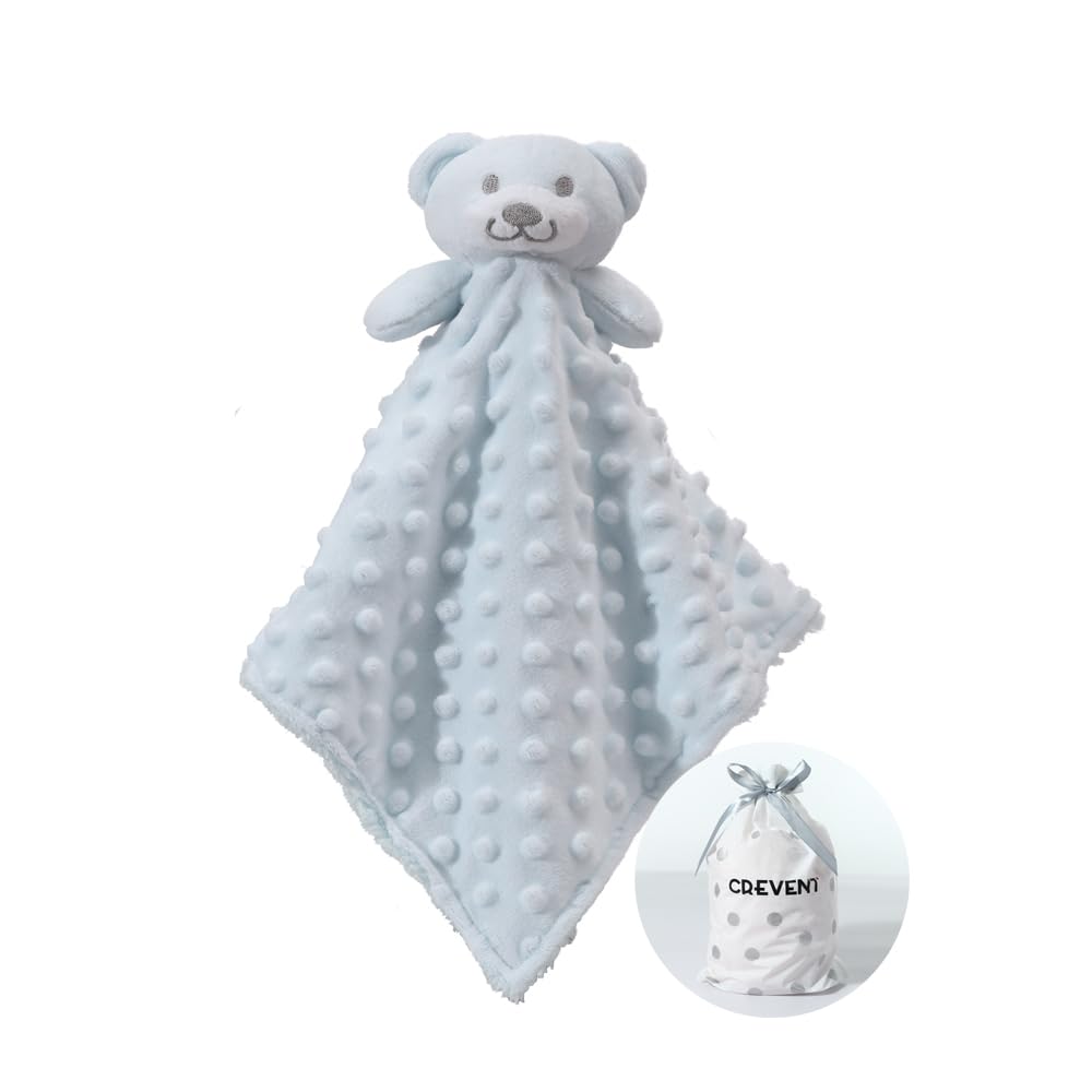 CREVENT Cozy Plush Baby Security Blanket Loveys for Baby Boys, Minky Dot Front + Sherpa Backing with Animal Face (Blue Bear)