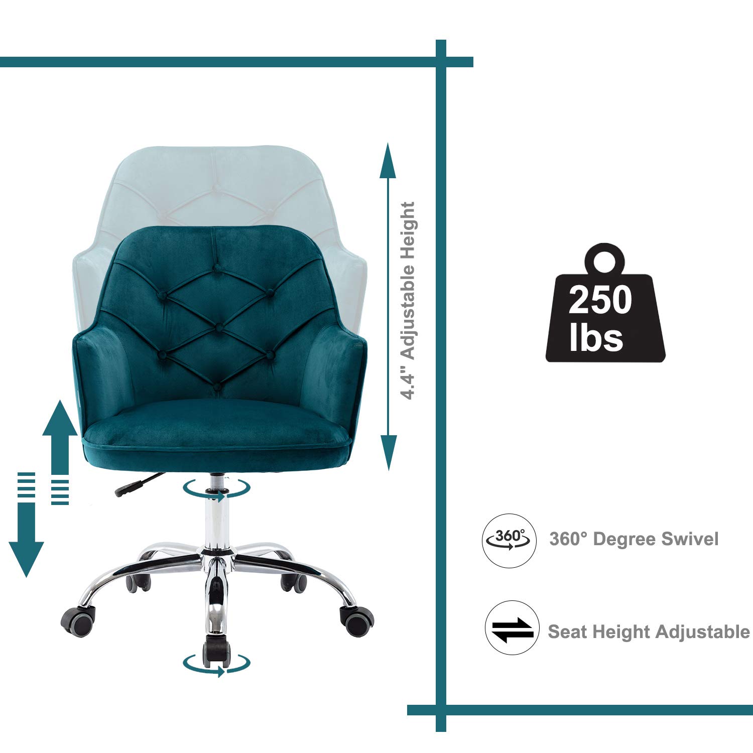 SSLine Home Office Chair,Modern Velvet Living Room Chair Velvet Fabric Shell Accent Chair,360° Upholstered Adjustable Swivel Armchair Reception Chair for Office, Living Room,Bed Room (Lake Blue)