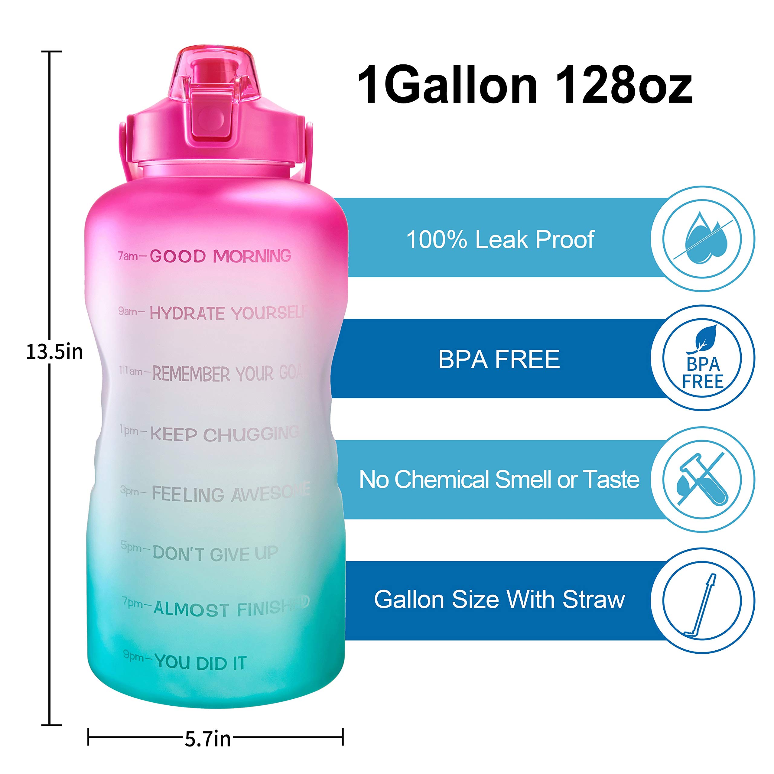 EYQ 128oz Leak-Proof Gallon Water Bottle with Removable Straw & Handle, BPA Free Drinking Large Water Jug for Fitness, Camping Sports Workouts Gym and Outdoor Activity (Pink/Green Gradient)