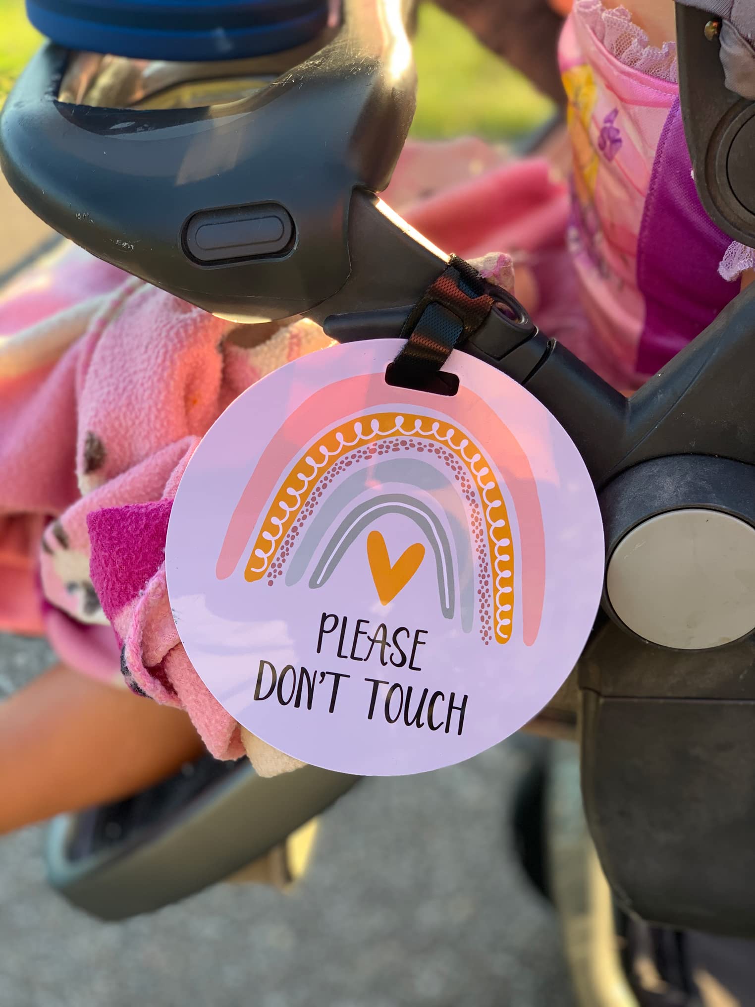 THREE LITTLE TOTS – Rainbow Stop No Touching Baby Car Seat Sign or Stroller Tag - CPSIA Safety Tested