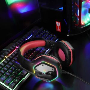 EKSA E1000 Gaming Headset, Computer Headphones with Noise Canceling Mic & RGB Light, 7.1 Surround Sound, Compatible with PC, PS4 PS5 Console, Laptop (Red)