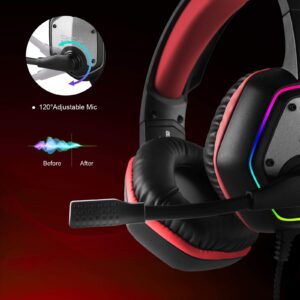 EKSA E1000 Gaming Headset, Computer Headphones with Noise Canceling Mic & RGB Light, 7.1 Surround Sound, Compatible with PC, PS4 PS5 Console, Laptop (Red)