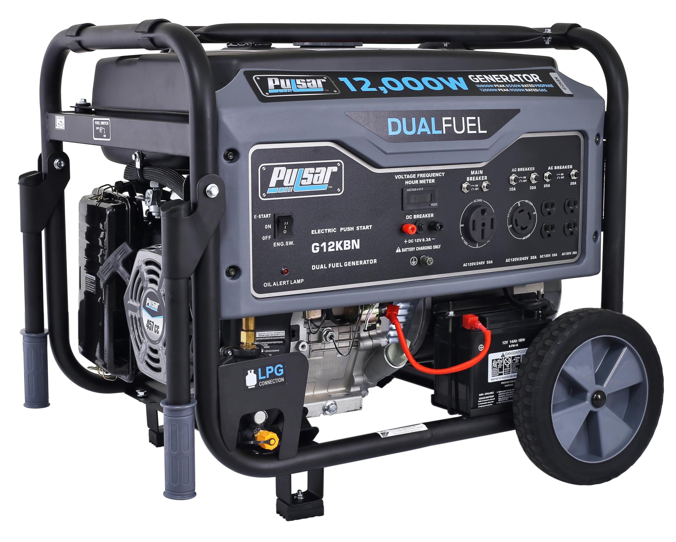 Pulsar G12KBN-SG Heavy Duty Portable Dual Fuel Generator - 9500 Rated Watts & 12000 Peak Watts - Gas & LPG - Electric Start - Transfer Switch & RV Ready - CARB Compliant