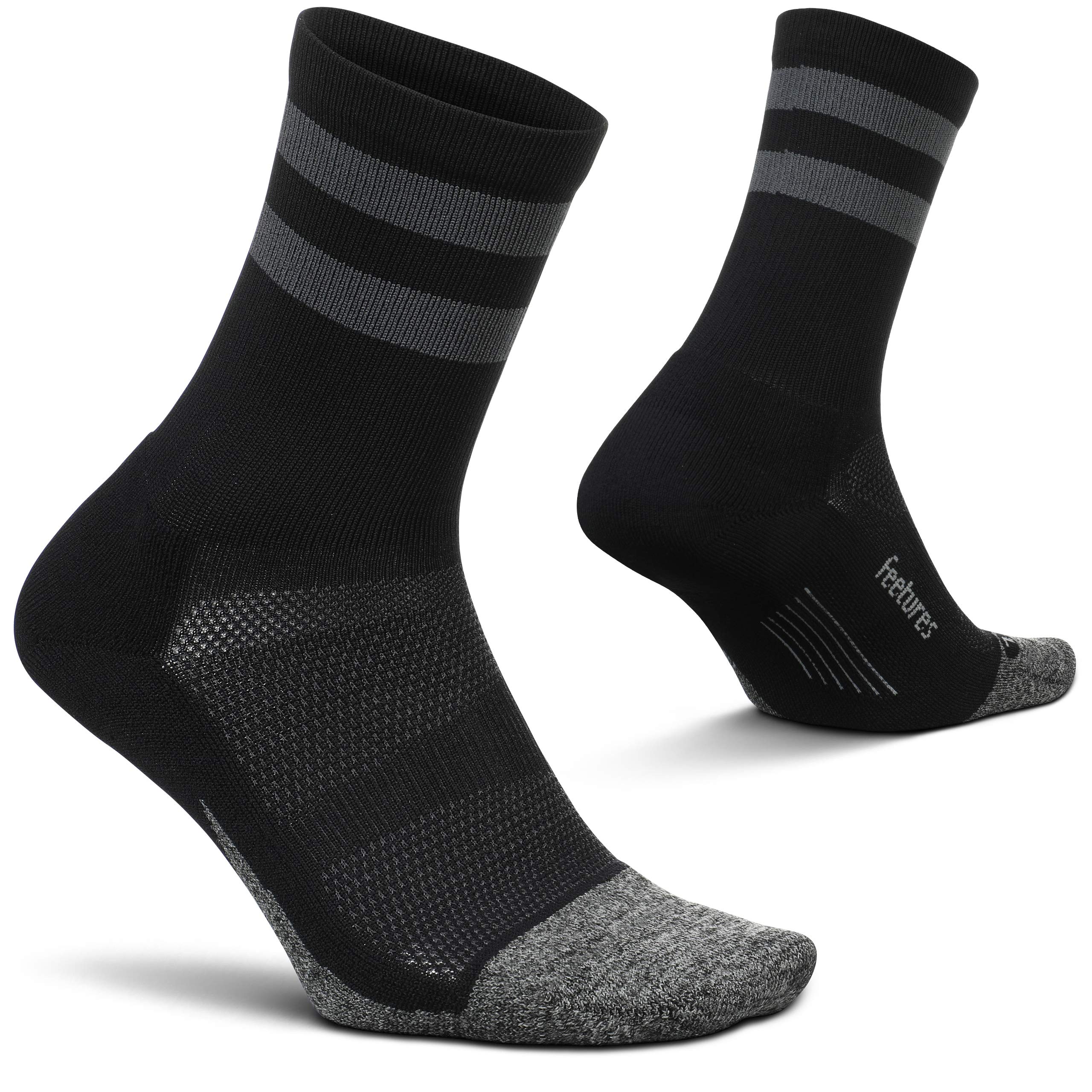 Feetures Elite Light Cushion Mini Crew Sock - Sport Sock with Targeted Compression - X-Large, New Black High Top Stripe (1 Pair)