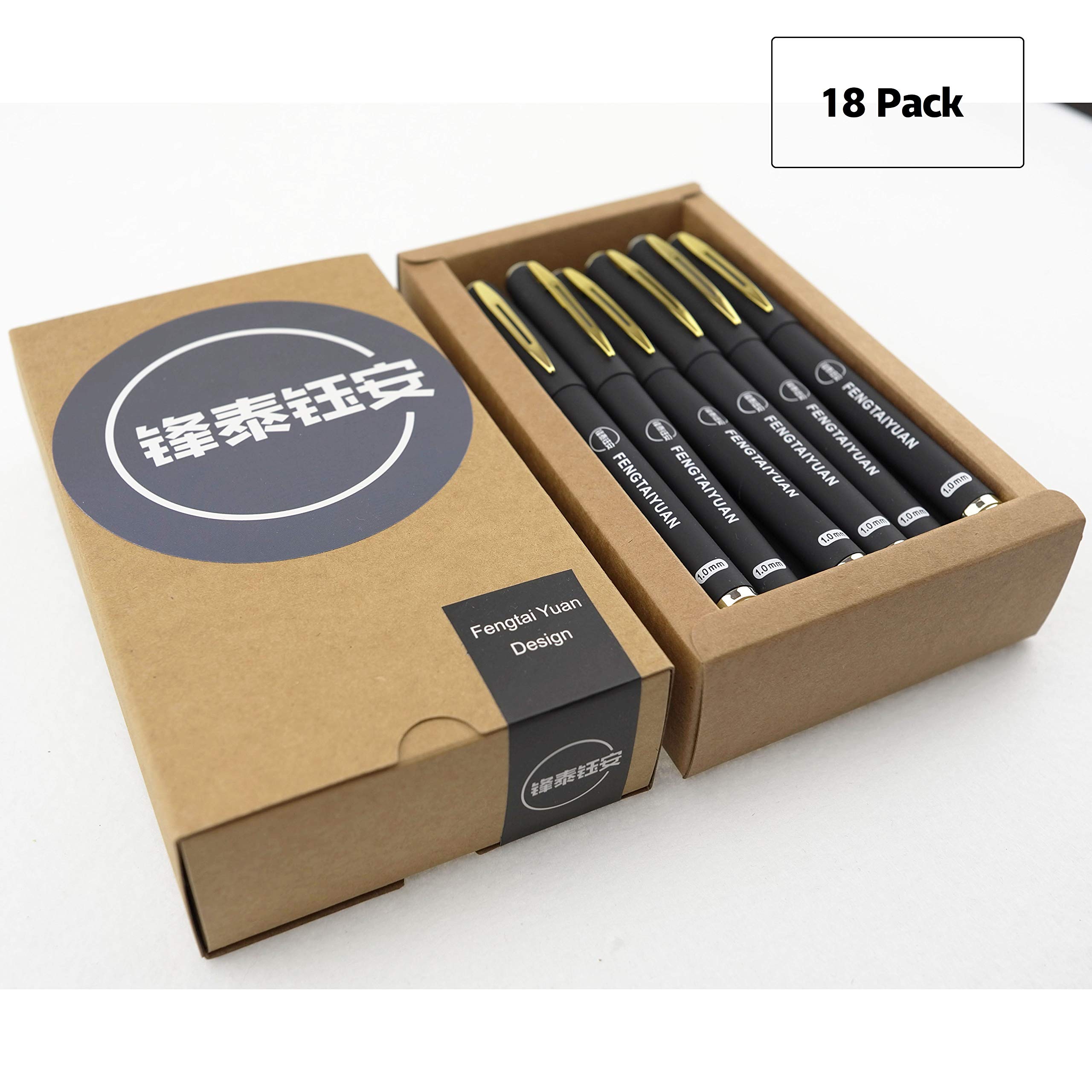 Fengtaiyuan 10P18, Black Gel Ink Rollerball Pens - Comfortable Non-Slip Grip, Black Ink, Bold Point, 1.0mm Quick-Drying Ink, 18-Piece Box (10P18)