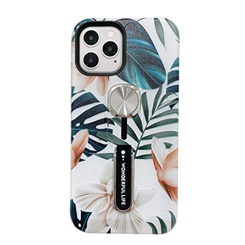 Hosgor Case for iPhone 12/12 Pro Women, Finger Grip Flower Design Rugged Shockproof Slim Soft TPU + Matte PC Dual Layer Strap Cover for iPhone 12/12 Pro 5G - 6.1" 2020 (Palm Leaf)