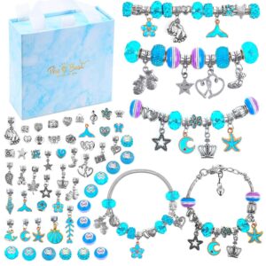charm bracelets kit for girls, flasoo 66 pcs jewelry making kit with bracelet beads, jewelry charms, bracelets for jewelry making and diy crafts with blue gift box