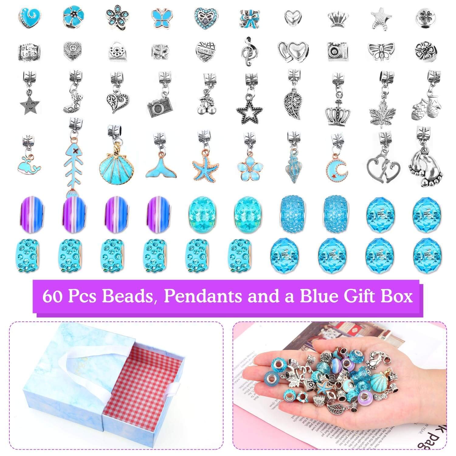 Charm Bracelets Kit for Girls, Flasoo 66 Pcs Jewelry Making Kit with Bracelet Beads, Jewelry Charms, Bracelets for Jewelry Making and DIY Crafts with Blue Gift Box