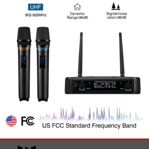 ARISEN Wireless Microphone System, Professional Karaoke Microphone UHF Dual Channel Handheld Microphone, 200ft Range Receiver and 2 Handheld Mic Set, Cordless Mic Systems for, Church, Wedding, DJ