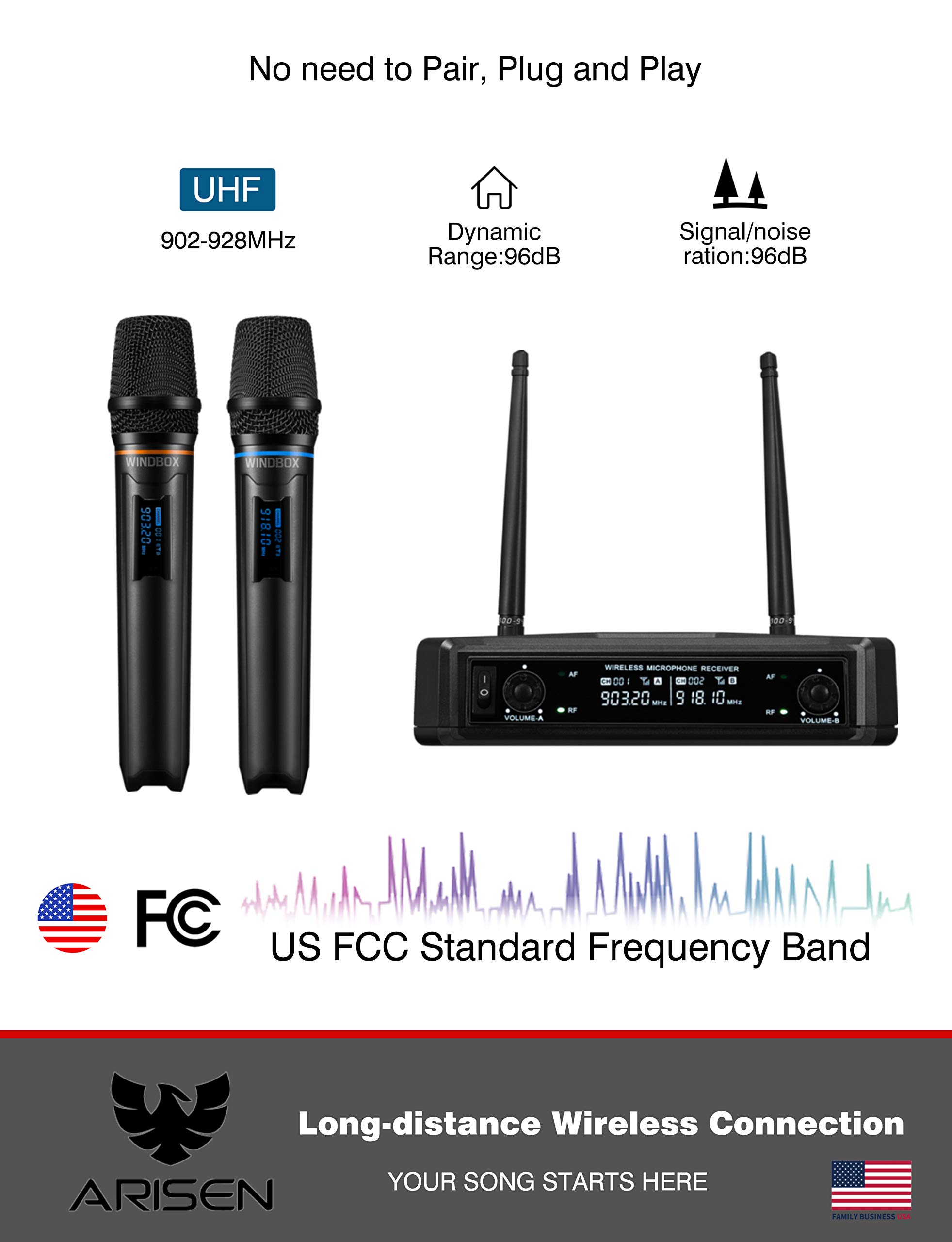 ARISEN Wireless Microphone System, Professional Karaoke Microphone UHF Dual Channel Handheld Microphone, 200ft Range Receiver and 2 Handheld Mic Set, Cordless Mic Systems for, Church, Wedding, DJ