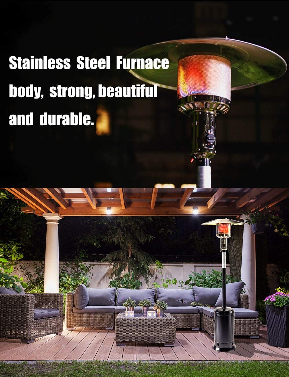 47000 BTU Outdoor Propane Patio Heater, Stainless Steel Burner, with Anti-tilt and Flame-out Protection System, ETL Certified, 10-foot Radius Heat Reflector, Add Warmth and Ambience to Backyard, Party