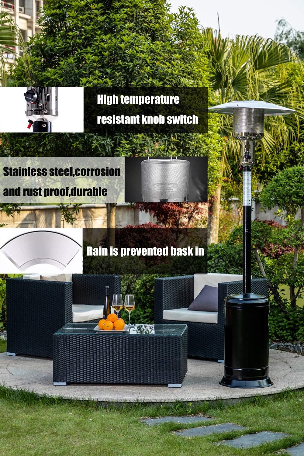 47000 BTU Outdoor Propane Patio Heater, Stainless Steel Burner, with Anti-tilt and Flame-out Protection System, ETL Certified, 10-foot Radius Heat Reflector, Add Warmth and Ambience to Backyard, Party