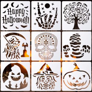 9 pieces halloween stencils template 7.9 x 7.9 inch large halloween pumpkins painting stencils reusable witch skeleton template for diy cards drawing on wood paper wall crafts