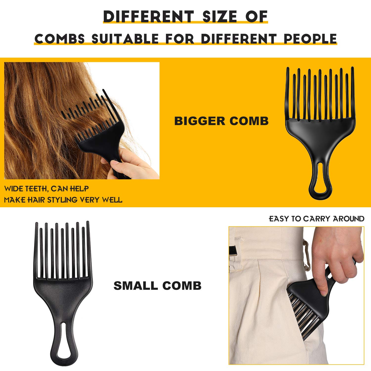 2 Pieces Hair Pick Afro Comb Double Fist Pick Large and Small Plastic Afro Pick Comb Detangle Wig Braid Pick Hair Lift Comb Hair Styling Tool for Women Men (3.8 x 7 Inch, 2.6 x 6.4 Inch)