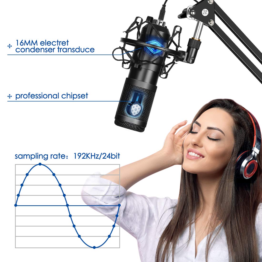 Yakomon USB Streaming Podcast Microphone Kit, Professional 192KHZ/24Bit Studio Cardioid Condenser Computer PC Mic Kit with Scissor Arm Shock Mount Stand Pop Filter for Music Recording,YouTube