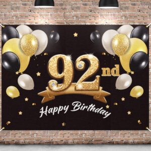 pakboom happy 92nd birthday banner backdrop - 92 birthday party decorations supplies for men - black gold 4 x 6ft