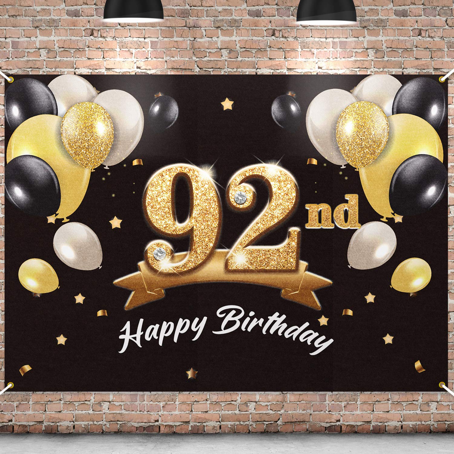 PAKBOOM Happy 92nd Birthday Banner Backdrop - 92 Birthday Party Decorations Supplies for Men - Black Gold 4 x 6ft