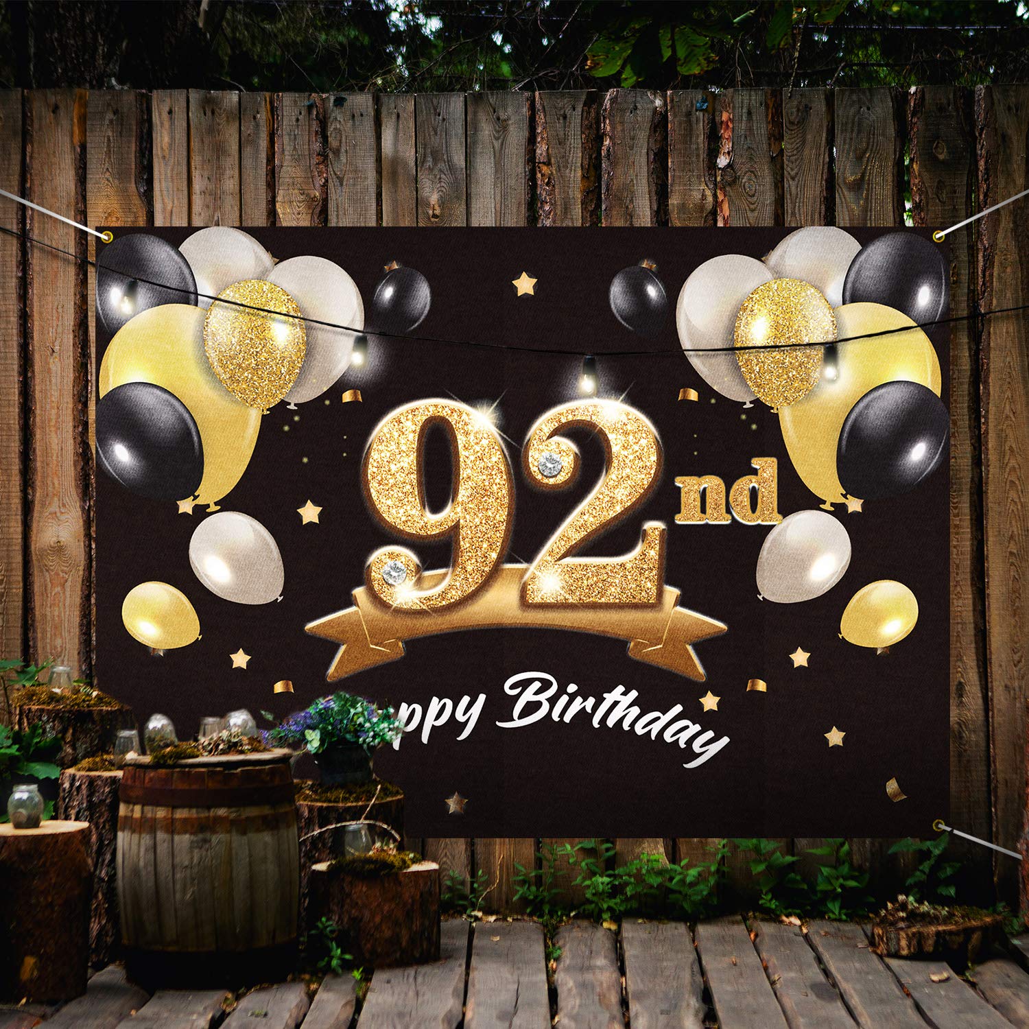 PAKBOOM Happy 92nd Birthday Banner Backdrop - 92 Birthday Party Decorations Supplies for Men - Black Gold 4 x 6ft