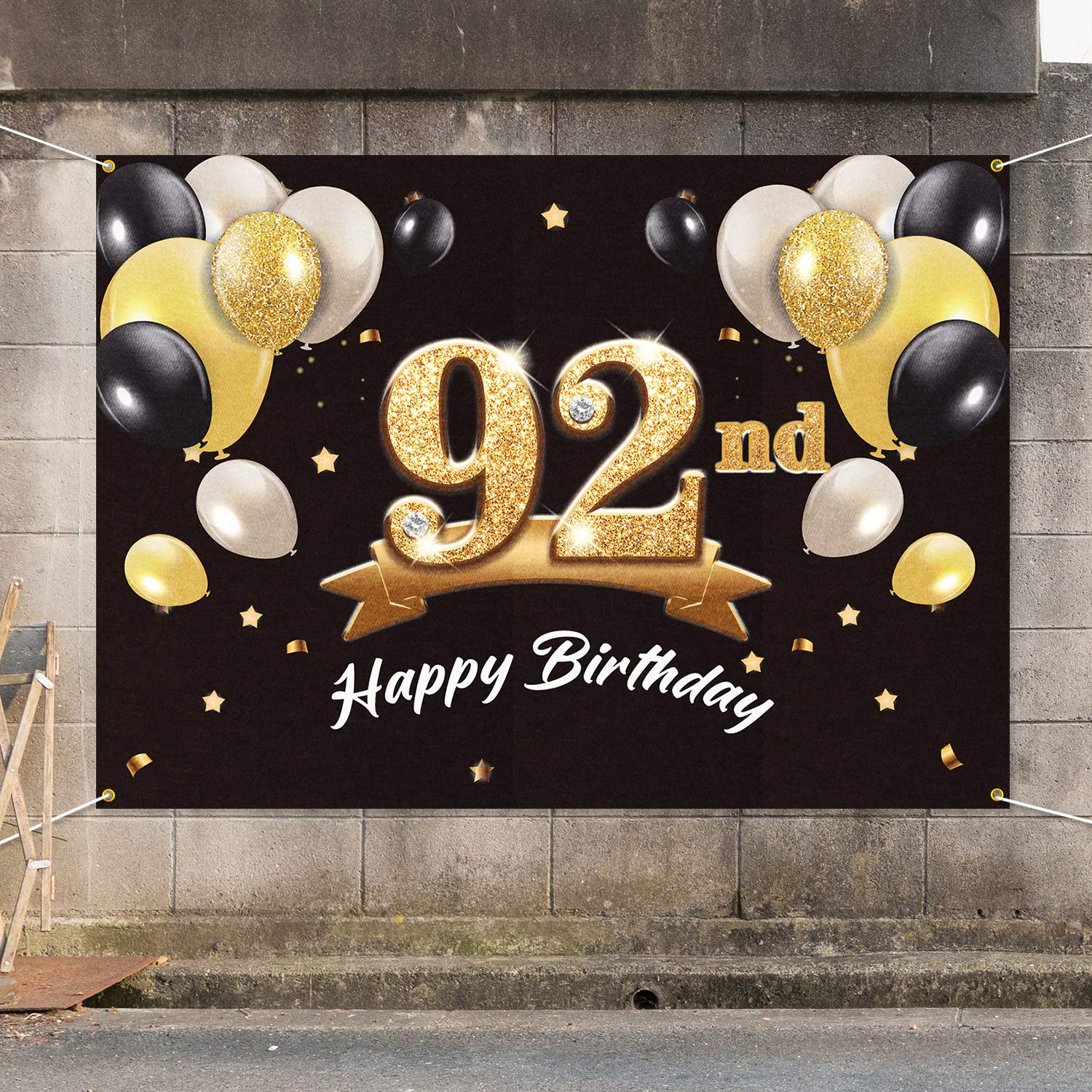 PAKBOOM Happy 92nd Birthday Banner Backdrop - 92 Birthday Party Decorations Supplies for Men - Black Gold 4 x 6ft