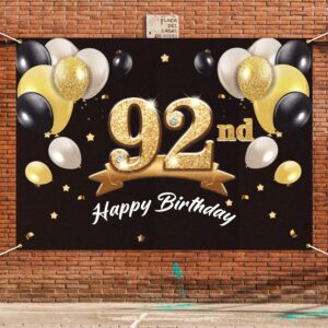 PAKBOOM Happy 92nd Birthday Banner Backdrop - 92 Birthday Party Decorations Supplies for Men - Black Gold 4 x 6ft