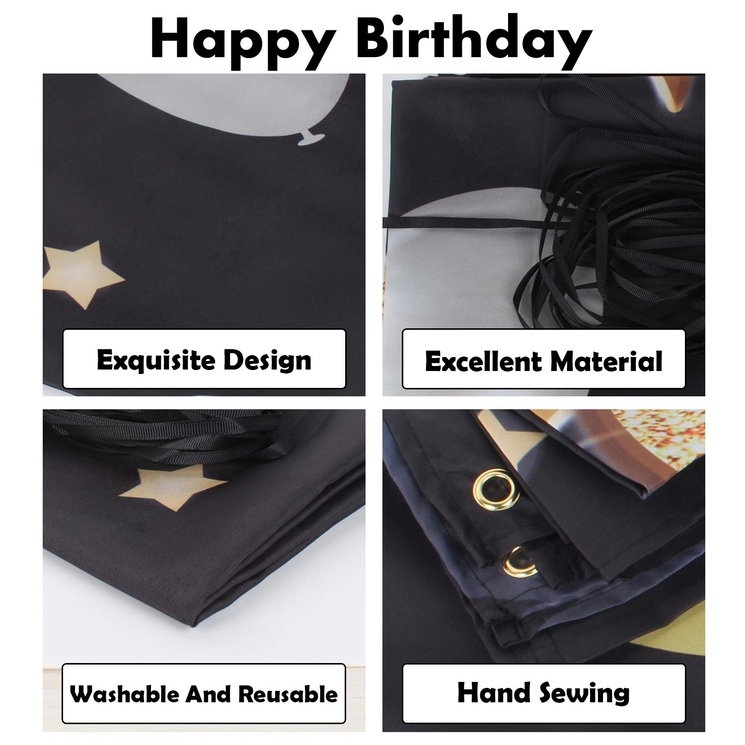 PAKBOOM Happy 92nd Birthday Banner Backdrop - 92 Birthday Party Decorations Supplies for Men - Black Gold 4 x 6ft