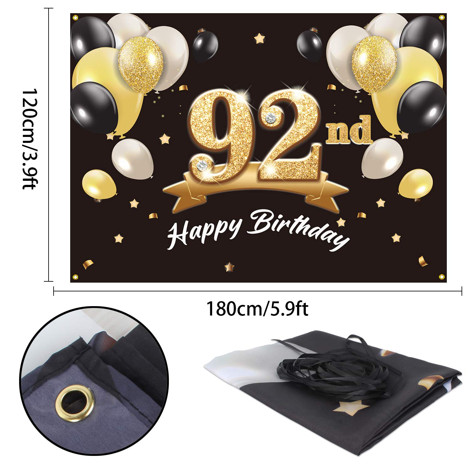 PAKBOOM Happy 92nd Birthday Banner Backdrop - 92 Birthday Party Decorations Supplies for Men - Black Gold 4 x 6ft