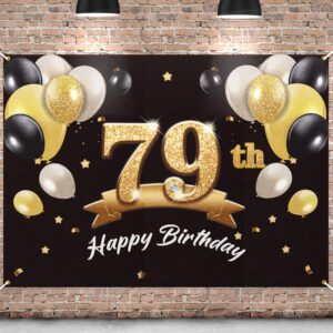 pakboom happy 79th birthday banner backdrop - 79 birthday party decorations supplies for men - black gold 4 x 6ft