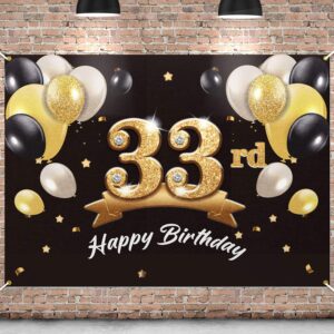 pakboom happy 33rd birthday banner backdrop - 33 birthday party decorations supplies for men - black gold 4 x 6ft