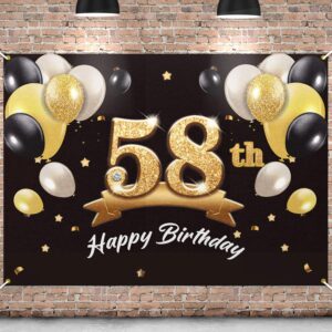 pakboom happy 58th birthday banner backdrop - 58 birthday party decorations supplies for men - black gold 4 x 6ft