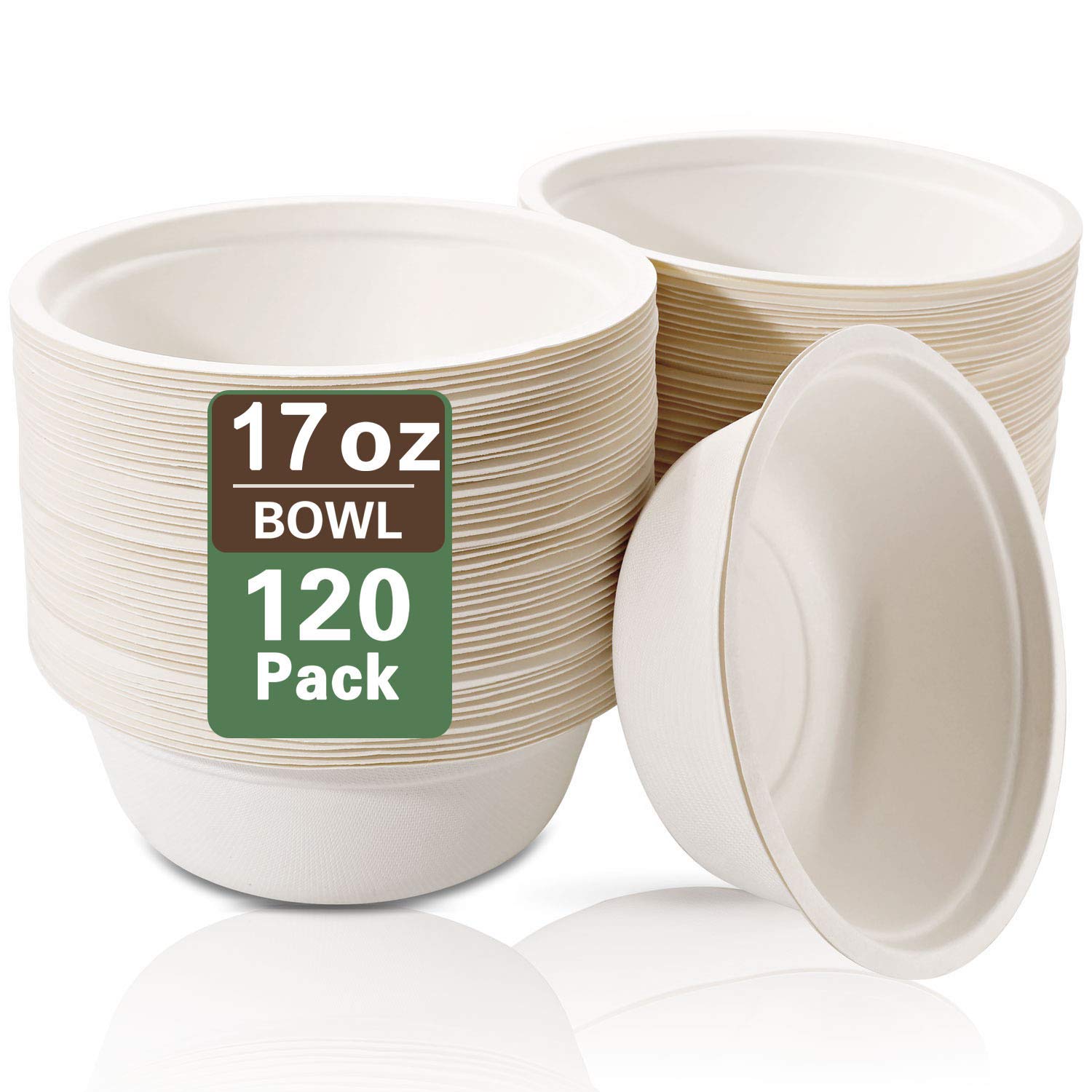 Nervure 120PCS Biodegradable Paper Bowls-16OZ Compostable Bowls Heavy Duty Nature-Made by 100% Sugar Cane Fibers,Microwave Hot Food Safe