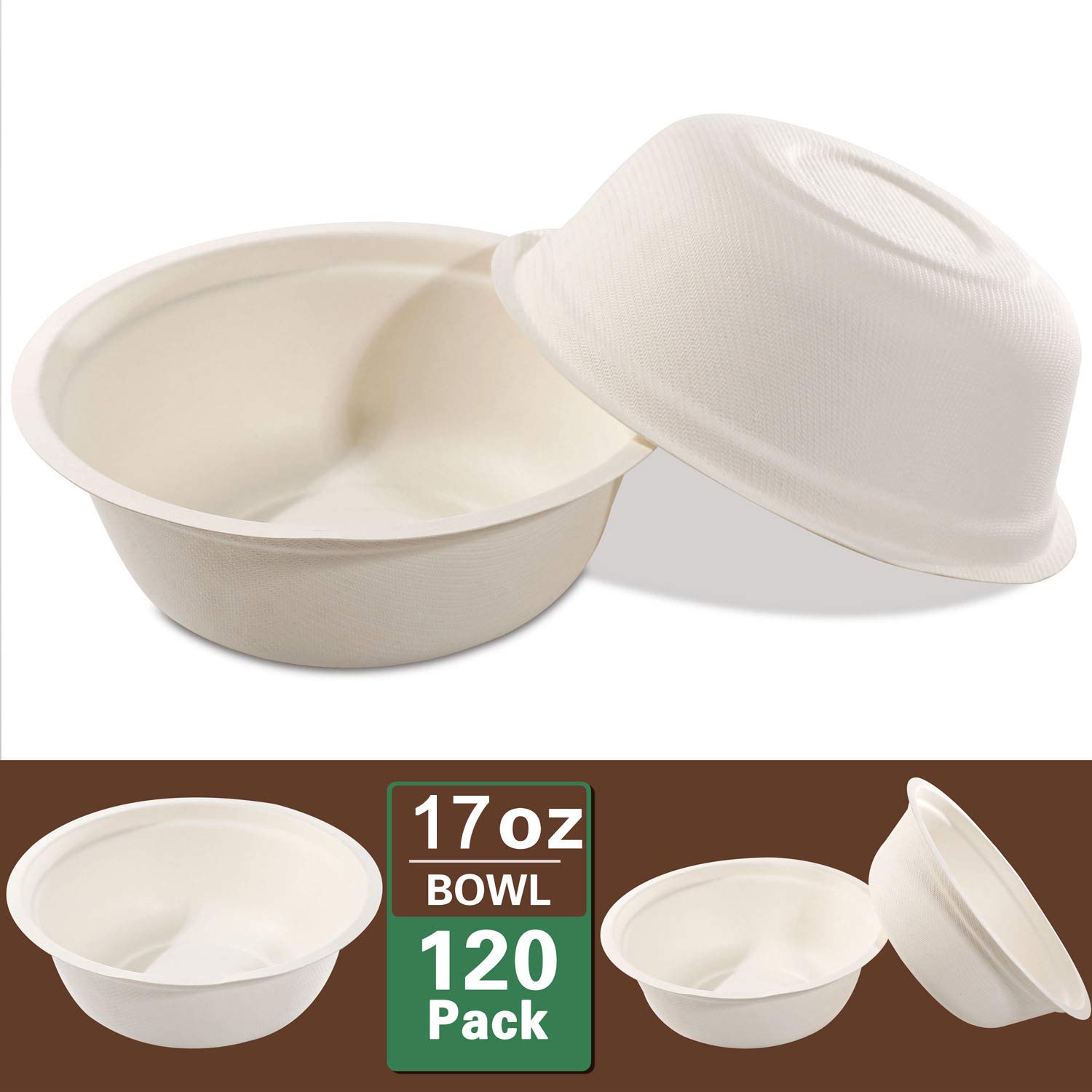 Nervure 120PCS Biodegradable Paper Bowls-16OZ Compostable Bowls Heavy Duty Nature-Made by 100% Sugar Cane Fibers,Microwave Hot Food Safe