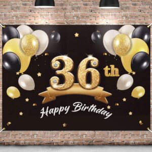 pakboom happy 36th birthday banner backdrop - 36 birthday party decorations supplies for men - black gold 4 x 6ft