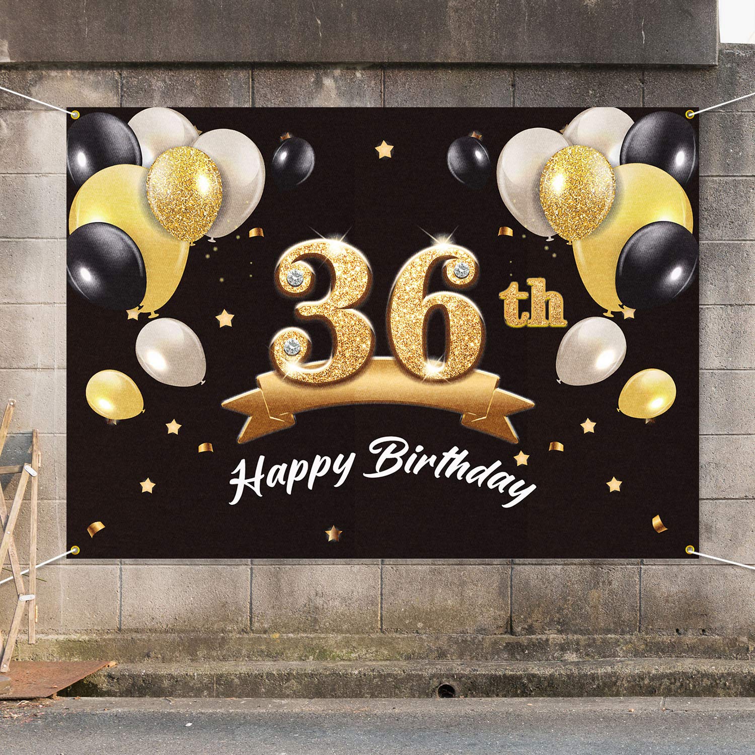 PAKBOOM Happy 36th Birthday Banner Backdrop - 36 Birthday Party Decorations Supplies for Men - Black Gold 4 x 6ft