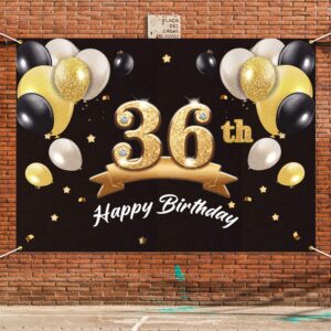 PAKBOOM Happy 36th Birthday Banner Backdrop - 36 Birthday Party Decorations Supplies for Men - Black Gold 4 x 6ft