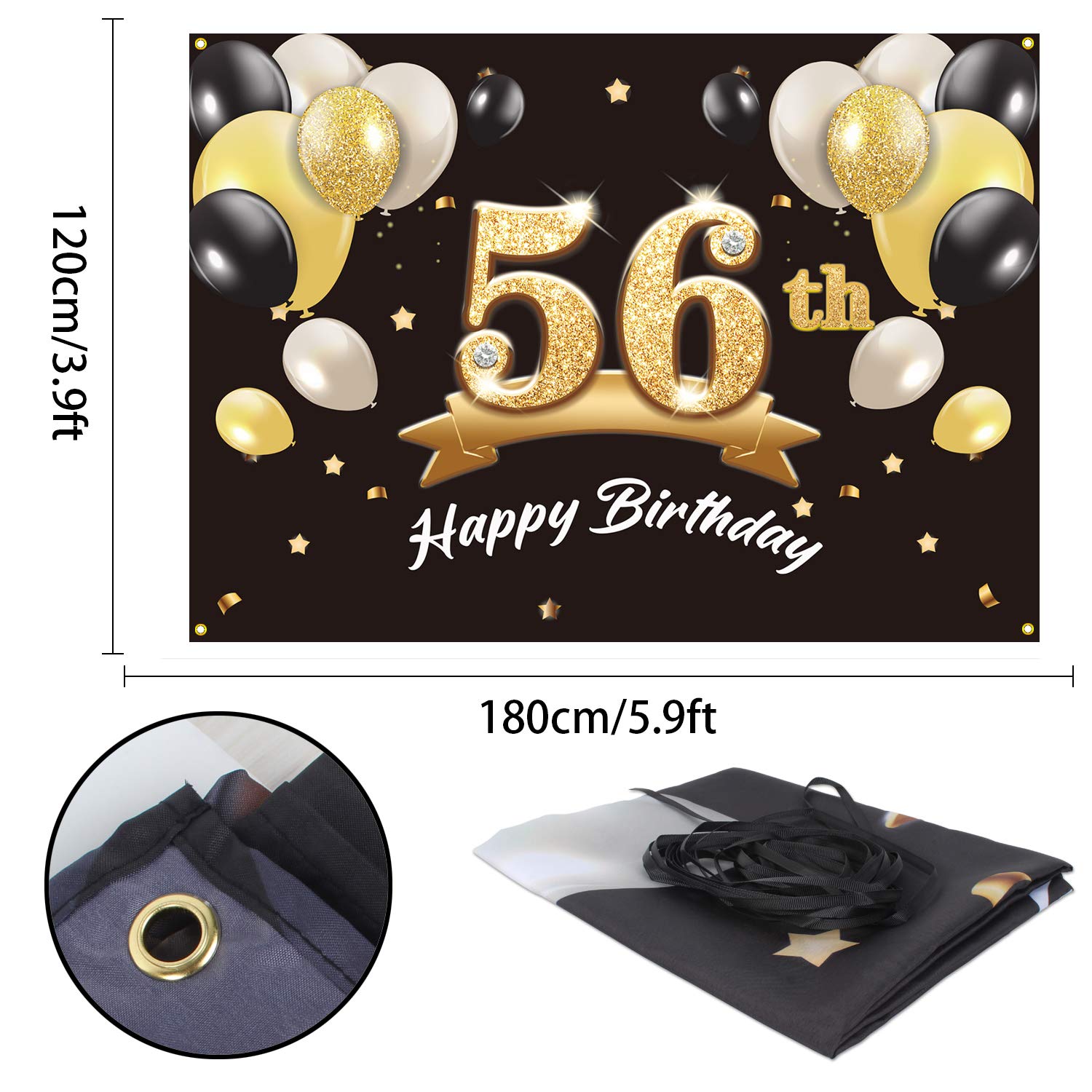 PAKBOOM Happy 56th Birthday Banner Backdrop - 56 Birthday Party Decorations Supplies for Men - Black Gold 4 x 6ft