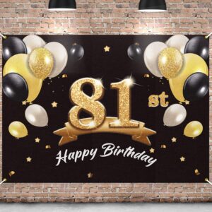 pakboom happy 81st birthday banner backdrop - 81 birthday party decorations supplies for men - black gold 4 x 6ft