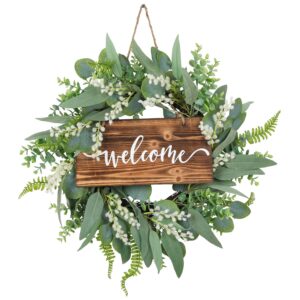 20 inch green eucalyptus wreath for front door- handicraft bamboo frame with versatile silk leaves - ideal spring & summer decorating for indoor & outdoor use (white)